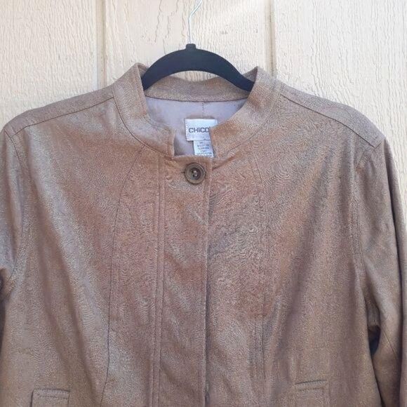Chico's Metallic Gold Camel Textured Blazer Jacket Mandarin Collar Sz 1 = M/8 - Picture 5 of 14
